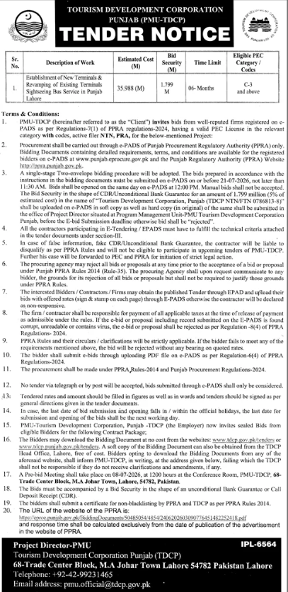 Tender Notice - Establishment of New Terminals & Revamping of Existing Terminals of Exiting Bus Service in Punjab Lahore - Tourism Development Corporation Punjab (TDCP) - Tourism Development Corporation Punjab (TDCP)