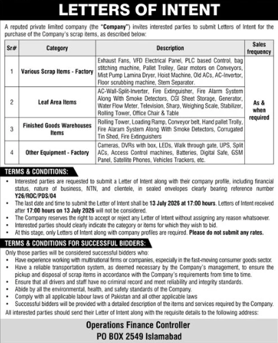 Letters of Intent - Sale of Scrap Items, Leaf Area Items, Finished Goods Warehouses Items & Other Equipment - A Reputed Private Limited Company - PO BOX 2549 Islamabad - A Reputed Private Limited Company