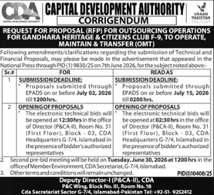 Corrigendum - Request for Proposal (RFP) for Outsourcing Operations for Gandhara Heritage & Culture Centre F-9, to Operate, Maintain & Transfer (OMT) - Capital Development Authority (CDA) - Capital Development Authority (CDA)