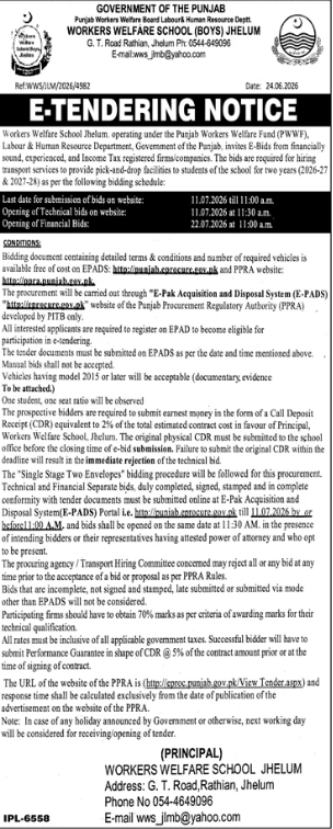 E-Tendering Notice - Hiring Transport Services to Provide Pick-and-Drop Facilities to Students of the School for Two Years 2026-27 & 2027-28 - Workers Welfare School (Boys) Jhelum - Workers Welfare School (Boys) Jhelum