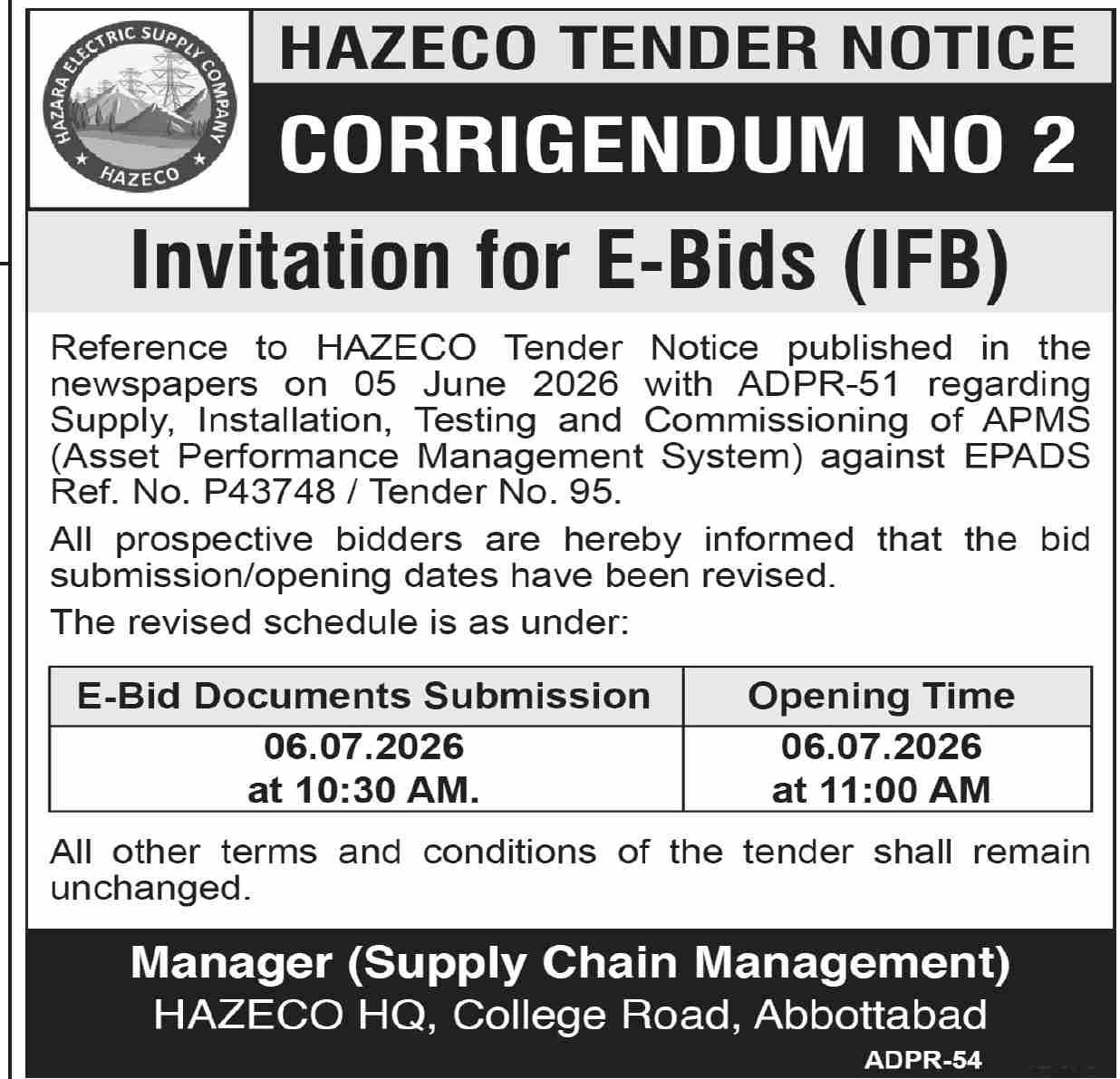 Corrigendum No 2 - Invitation for E-Bids (IFB) - Supply, Installation, Testing and Commissioning of APMS - HAZECO Tender Notice - HAZECO (Hazara Electric Supply Company)