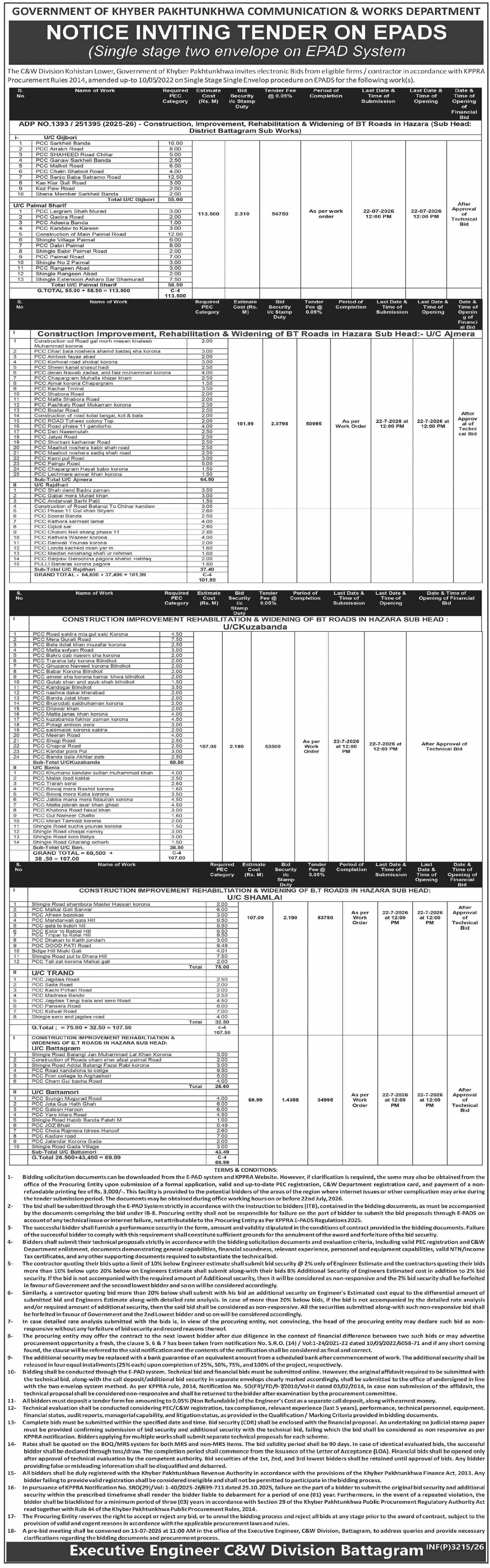 Notice Inviting Tender on EPADS - Construction, Improvement, Rehabilitation & Widening of BT Roads in Hazara (ADP No.1393/251395) - Government of Khyber Pakhtunkhwa Communication & Works Department - Government of Khyber Pakhtunkhwa Communication & Works Department