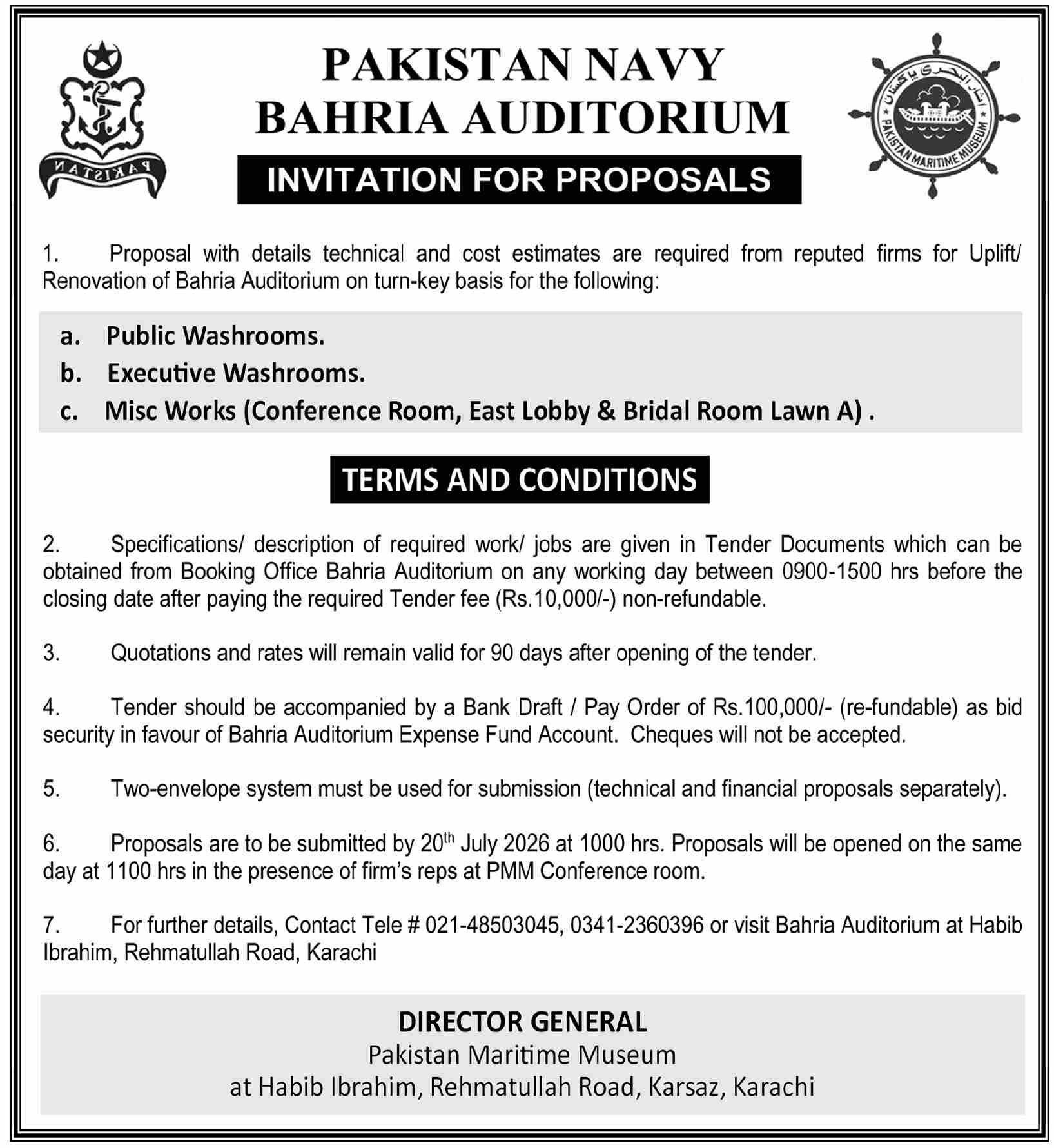 Invitation for Proposals - Uplift/Renovation of Bahria Auditorium on Turn-Key Basis - Pakistan Navy Bahria Auditorium, Pakistan Maritime Museum - Pakistan Navy Bahria Auditorium, Pakistan Maritime Museum