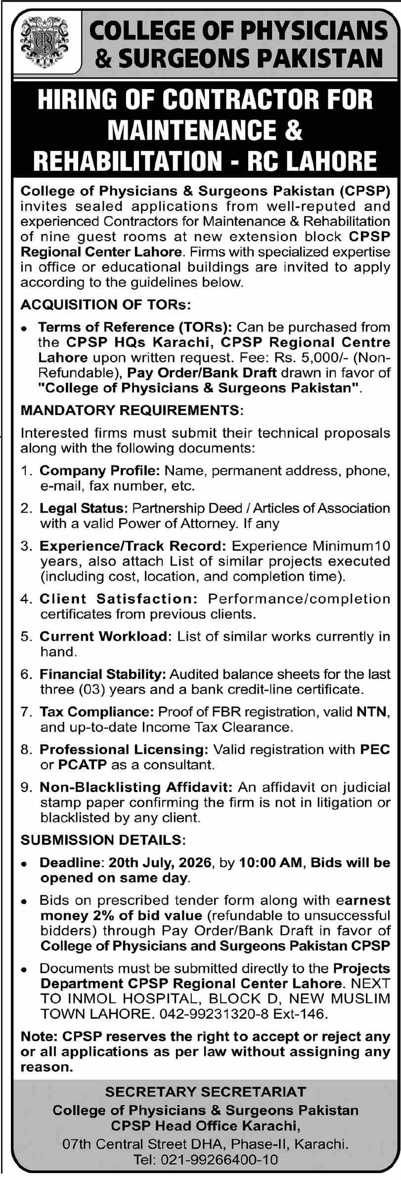 Hiring of Contractor for Maintenance & Rehabilitation - RC Lahore - College of Physicians & Surgeons Pakistan (CPSP) - College of Physicians & Surgeons Pakistan (CPSP)