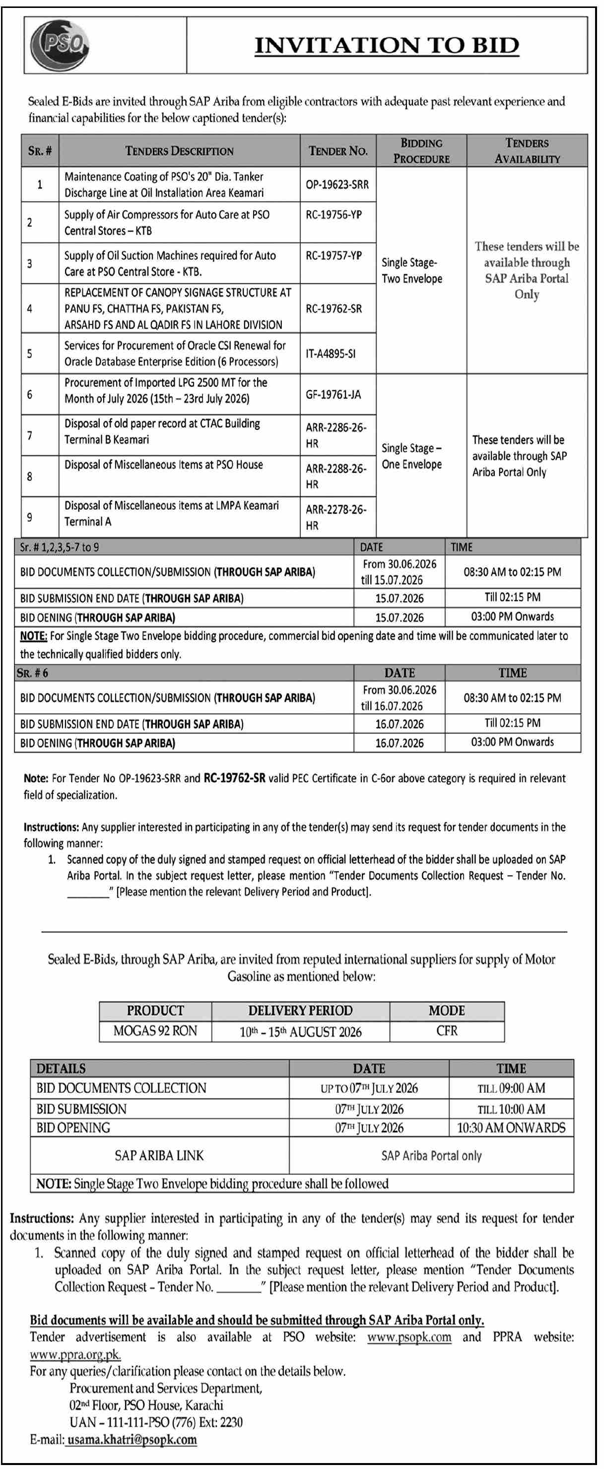 Invitation to Bid - 9x Tenders & Supply of Motor Gasoline MOGAS 92 RON - Pakistan State Oil (PSO) - Pakistan State Oil (PSO)