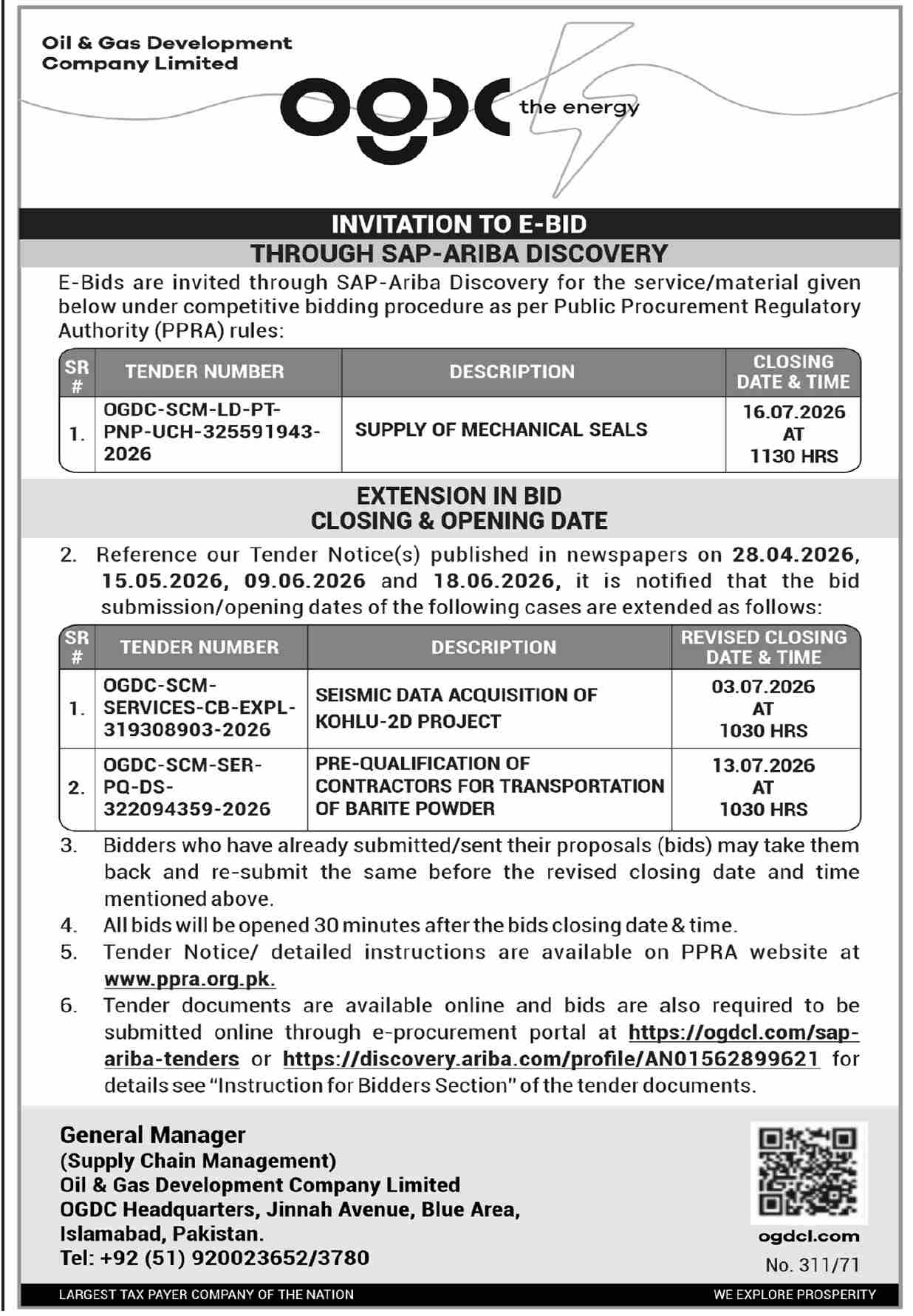 Invitation to E-Bid & Extension in Bid Closing & Opening Date - Supply of Mechanical Seals, Seismic Data Acquisition, Pre-Qualification of Contractors - Oil & Gas Development Company Limited (OGDCL) - Oil & Gas Development Company Limited (OGDCL)