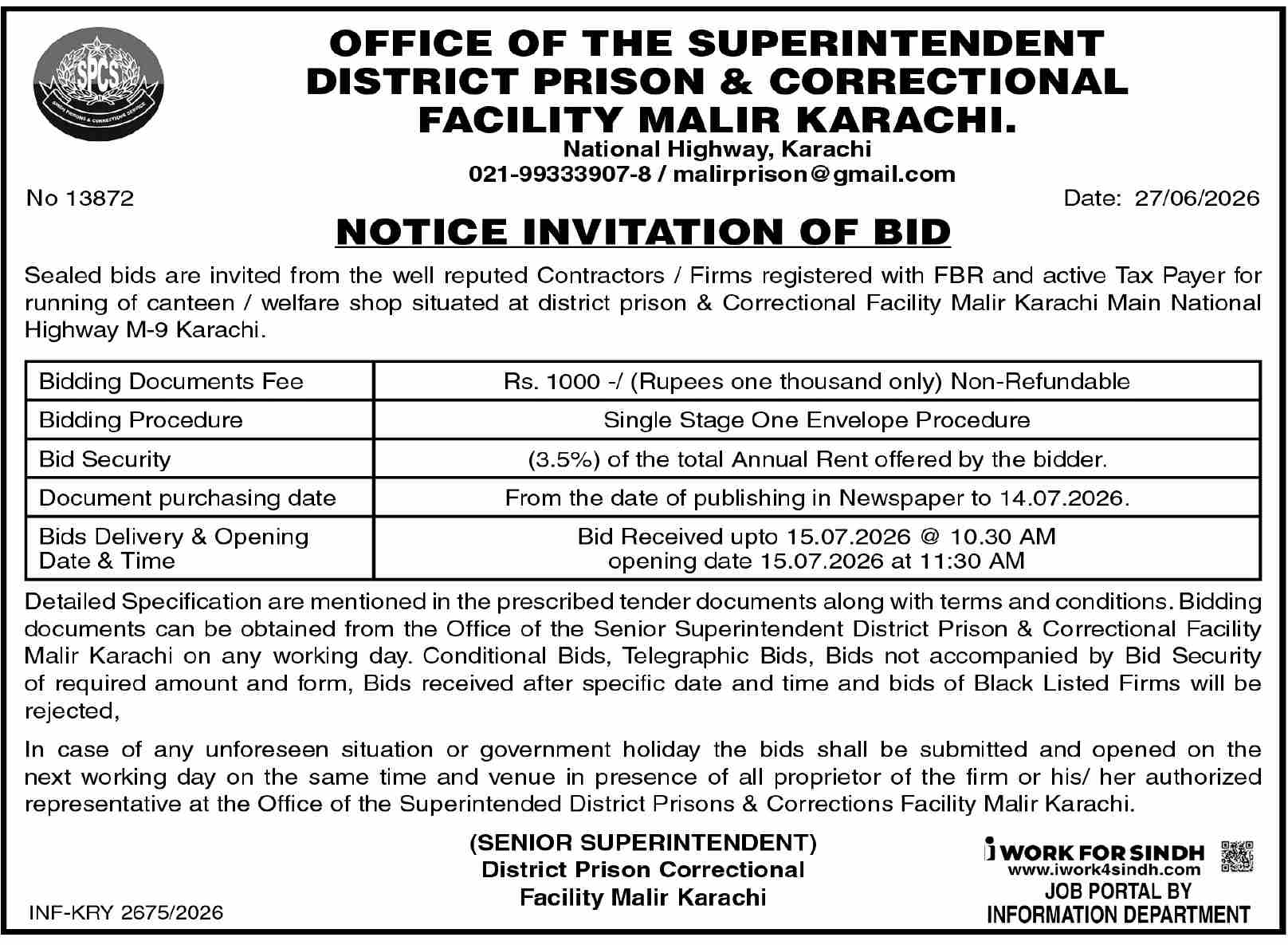 Notice Invitation of Bid - Running of Canteen/Welfare Shop at District Prison & Correctional Facility Malir Karachi - Office of the Superintendent District Prison & Correctional Facility Malir Karachi - Office of the Superintendent District Prison & Correctional Facility Malir Karachi