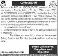 Corrigendum - Tender Fee 2000 PKR and Bid Security 2% - Director General (South) Energy Department - Director General (South) Energy Department