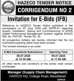 Corrigendum No 2 - Invitation for E-Bids (IFB) - Supply, Installation, Testing and Commissioning of APMS - HAZECO - HAZECO (Hazara Electric Supply Company)