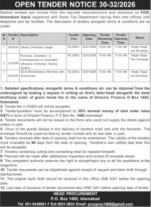 Open Tender Notice 30-32/2026 - Purchase, Installation & Commissioning of Automated Ultrasonic Immersion Testing System, ID & Miscellaneous Machines - Directorate of Finance Islamabad - Directorate of Finance Islamabad