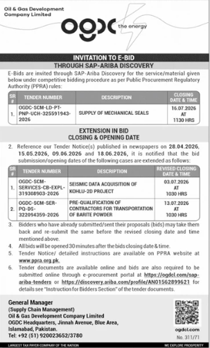Invitation to E-Bid & Extension in Bid Closing & Opening Date - Supply of Mechanical Seals, Seismic Data Acquisition, Pre-Qualification of Contractors - Oil & Gas Development Company Limited (OGDCL) - Oil & Gas Development Company Limited (OGDCL)