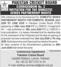 Corrigendum No. 2 - Invitation for the Domestic Series Partnership Rights for Domestic Season July 2025 to June 2029 in Pakistan Cricket Board (PCB) - Pakistan Cricket Board - Pakistan Cricket Board