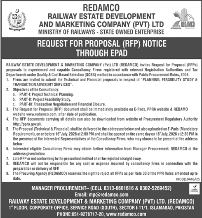 Request for Proposal (RFP) Notice Through EPAD - Planning, Feasibility Study & Transaction Advisory Services - Railway Estate Development and Marketing Company (Pvt) Ltd (REDAMCO) - Railway Estate Development and Marketing Company (Pvt) Ltd (REDAMCO)
