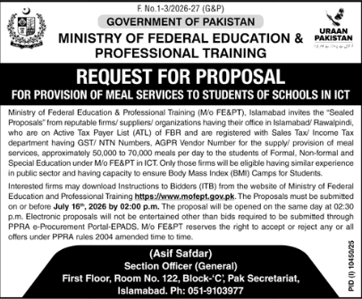 Request for Proposal - For Provision of Meal Services to Students of Schools in ICT - Ministry of Federal Education & Professional Training (Mo FE&PT) - Ministry of Federal Education & Professional Training (Mo FE&PT)