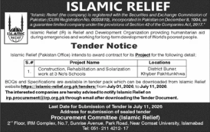 Islamic Relief Tender for Construction, Rehabilitation and Solarization in Khyber & Kurram - Islamic Relief Pakistan