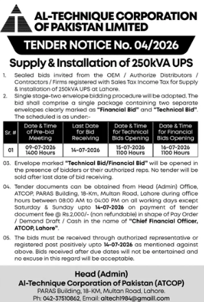 Al-Technique Corporation Tender for Supply & Installation of 250KVA UPS - Al-Technique Corporation of Pakistan Ltd
