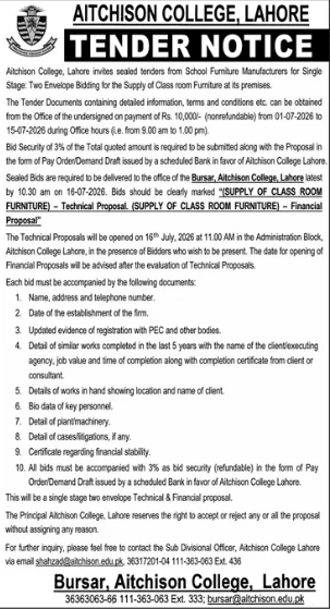 Aitchison College Tender for Supply of Class Room Furniture - Aitchison College, Lahore