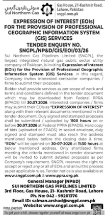 SNGPL Expression of Interest for Geographic Information System GIS Services - Sui Northern Gas Pipelines Limited