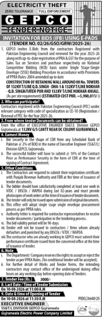 GEPCO Tender Notice for Construction of Retaining Wall Around 08 Nos Towers of 132KV S/C Q.D. SINGH/FATEH PUR and 132KV T/L YOUSAF NAGAR/KHIALI - Gujranwala Electric Power Company Limited