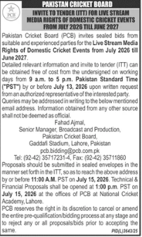 PCB Invitation to Tender for Live Stream Media and Production Services for Domestic Cricket Events - Pakistan Cricket Board