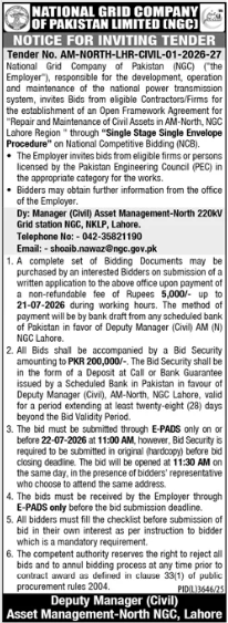 National Grid Company Notice for Inviting Tender for Repair & Maintenance of Civil Assets in AM-North, NGC - National Grid Company of Pakistan Limited