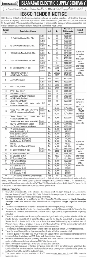 IESCO Tender Notice for Procurement of Distribution Material & Equipment - Islamabad Electric Supply Company