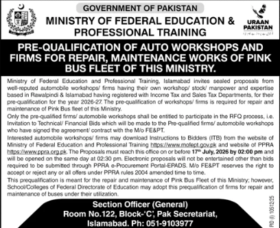 Ministry of Federal Education Pre-Qualification of Auto Workshops and Firms for Repair, Maintenance Works of Pink Bus Fleet - Ministry of Federal Education & Professional Training