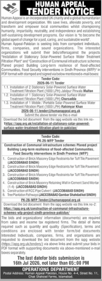 Human Appeal Tender for Solar Powered Surface Water Treatment Filtration Plants & Infrastructure Schemes - Human Appeal Pakistan