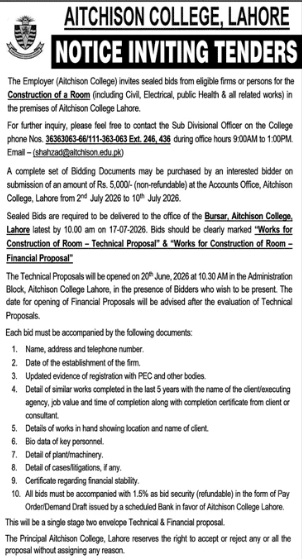 Aitchison College Tender for Construction of Room including Civil Electrical Works - Aitchison College, Lahore