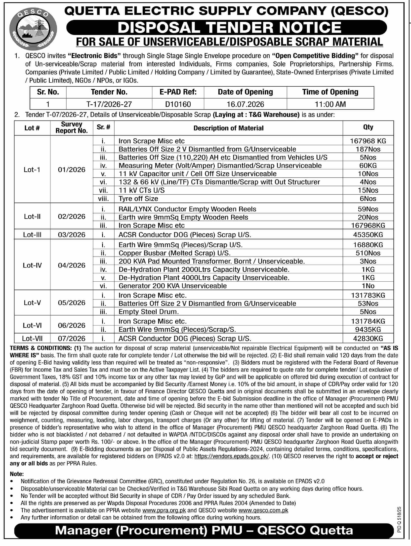 QESCO Disposal Tender Notice for Sale of Unserviceable/Disposable Scrap Material - Quetta Electric Supply Company