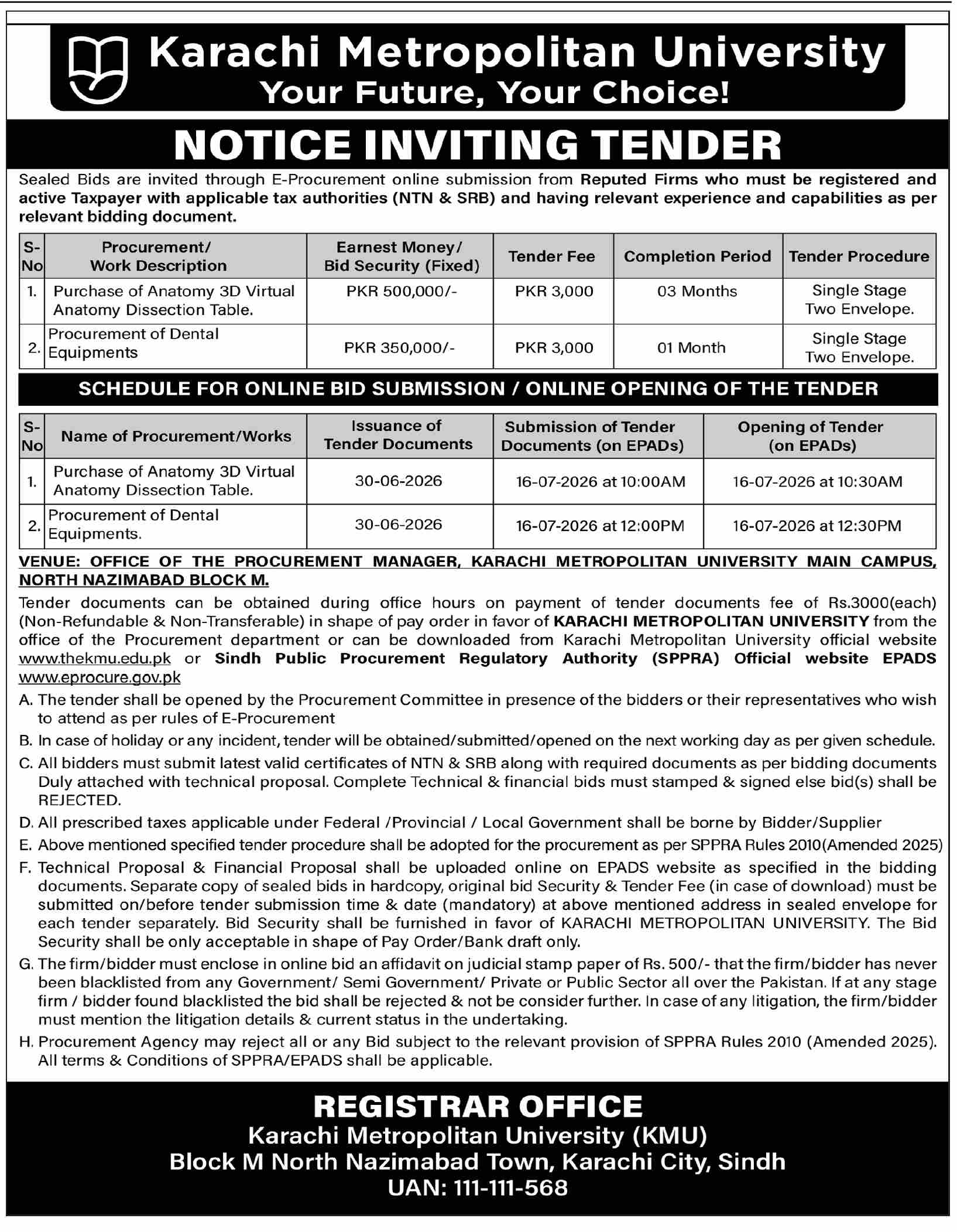 Karachi Metropolitan University Notice Inviting Tender for Purchase of Anatomy 3D Virtual Anatomy Dissection Table & Dental Equipments - Karachi Metropolitan University