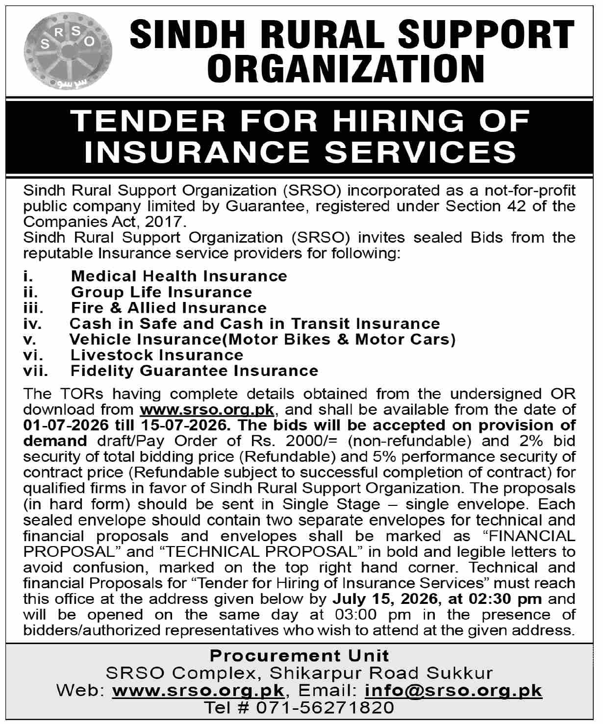 Sindh Rural Support Organization Tender for Hiring of Insurance Services - Sindh Rural Support Organization