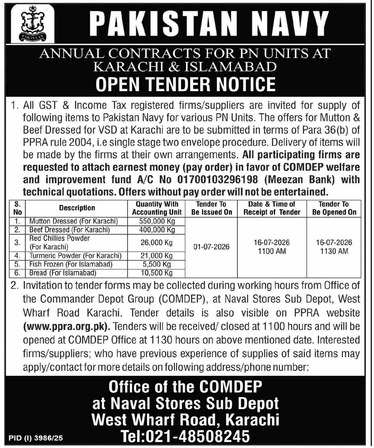 Pakistan Navy Open Tender Notice for Annual Contracts for PN Units at Karachi & Islamabad - Pakistan Navy - Office of the COMDEP