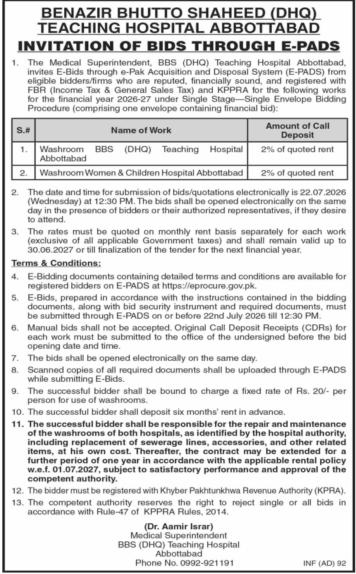 Benazir Bhutto Shaheed DHQ Teaching Hospital Abbottabad Invitation of Bids for Washroom Lease - Benazir Bhutto Shaheed DHQ Teaching Hospital Abbottabad