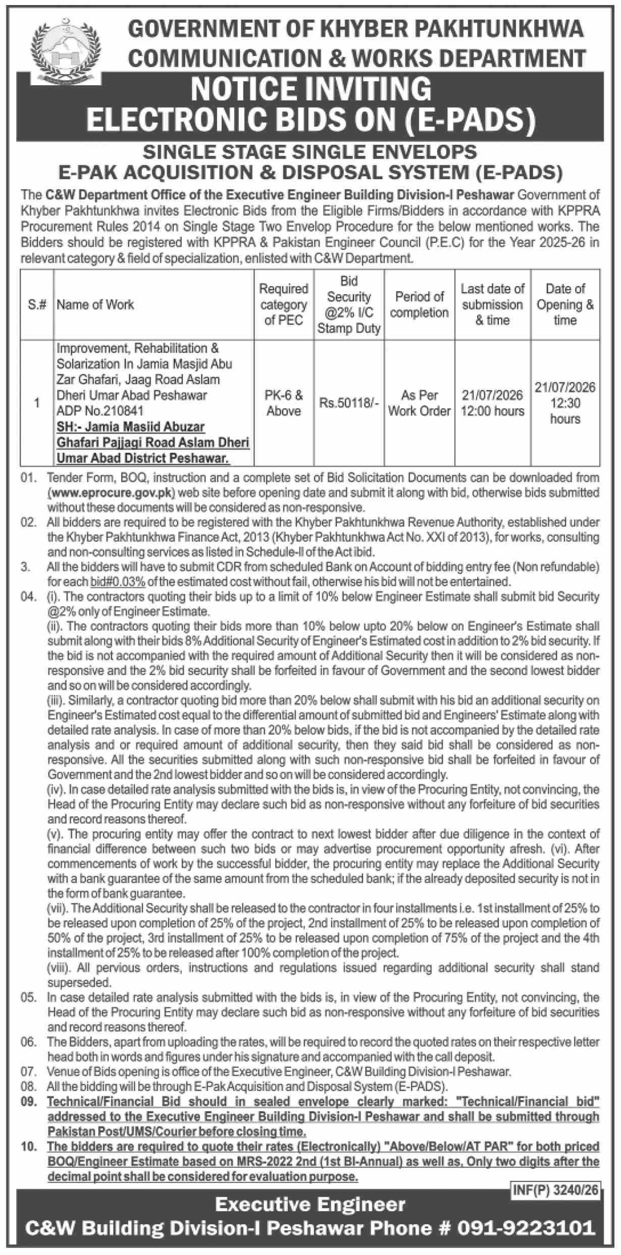 KPK Communication & Works Department Notice Inviting Electronic Bids for Improvement, Rehabilitation & Solarization