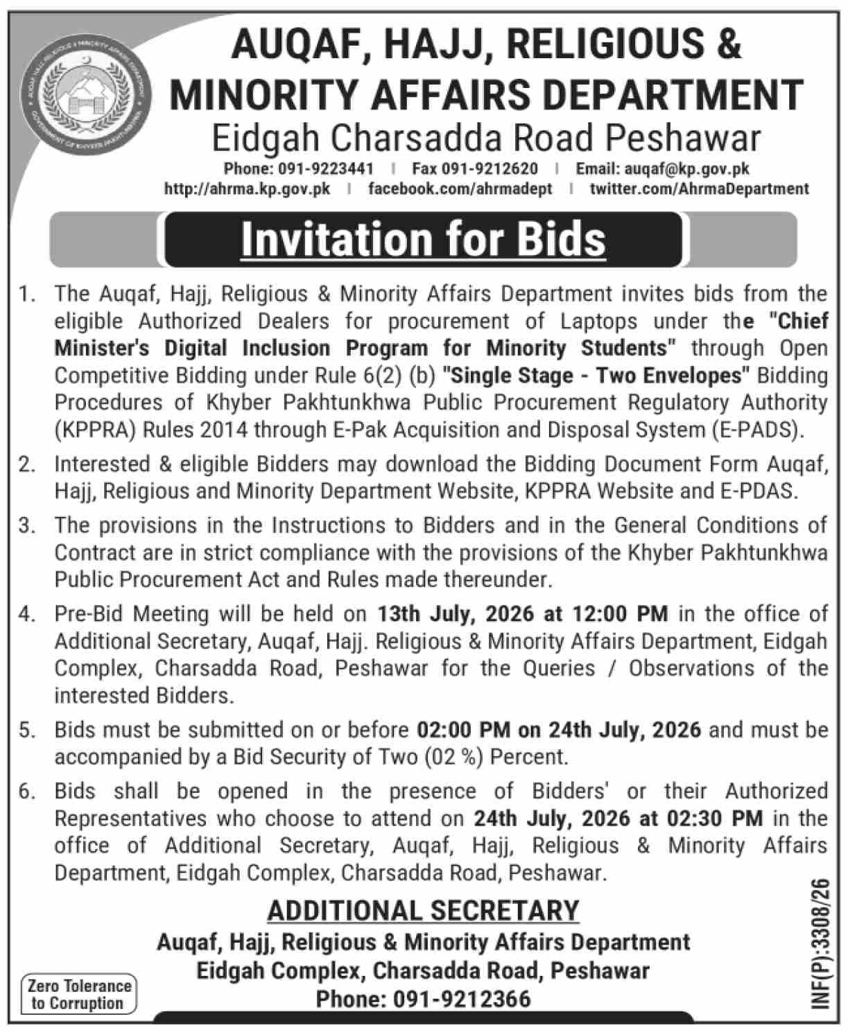 Auqaf, Hajj, Religious & Minority Affairs Department Invitation for Bids for Laptops