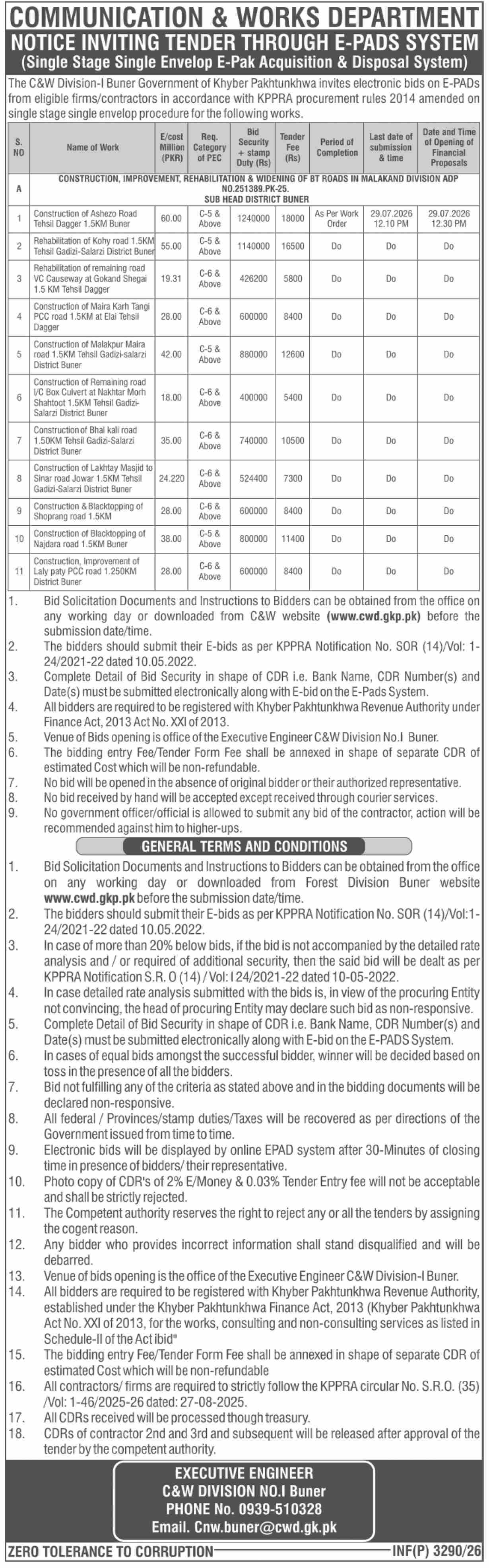 C&W Division-I Buner Notice Inviting Tender for Construction, Improvement, Rehabilitation & Widening of BT Roads - Government of Khyber Pakhtunkhwa - C&W Division-I Buner