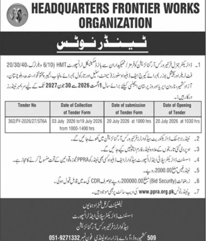 Frontier Works Organization Tender Notice for HMT 6/10 Vehicle Services