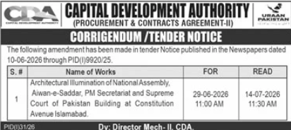 CDA Corrigendum for Architectural Illumination of National Assembly Aiwan-e-Sadr PM Secretariat and Supreme Court Building