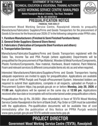 TEVTA Prequalification Notice for Wood Working Service Centre Rawalpindi