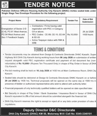 DHA City Karachi Tender Notice for Energization of Sector 2-D