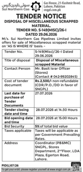 SNGPL Disposal of Miscellaneous Scrapped Material