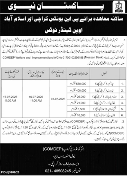 Pakistan Navy Open Tender Notice for Annual Contracts for PN Units at Karachi and Islamabad