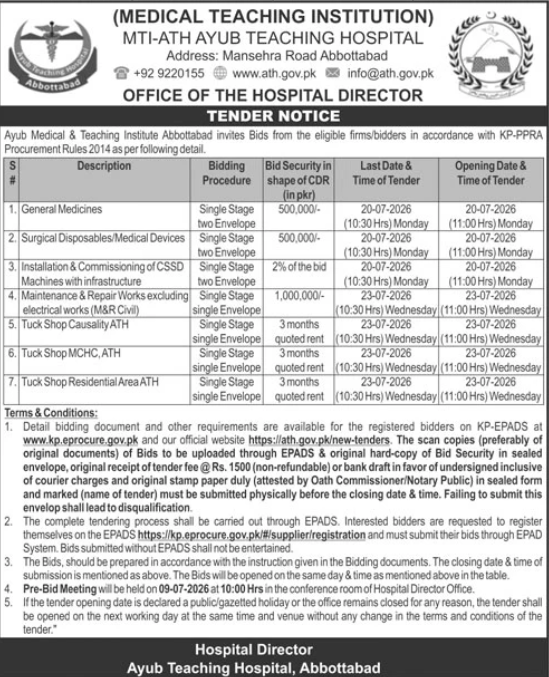 MTI-Ayub Teaching Hospital Tender Notice for Medicines Surgical Items and Services