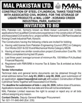 MAL Pakistan Ltd Construction of Steel Cylindrical Tanks Together with Associated Civil Works