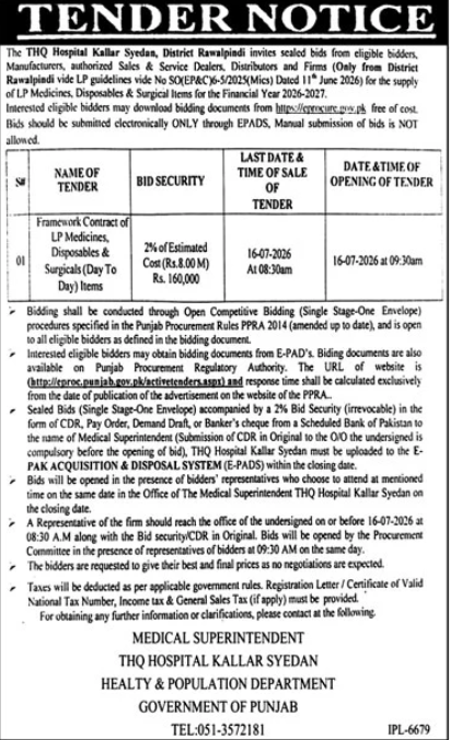 THQ Hospital Kallar Syedan Framework Contract of LP Medicines Disposables and Surgicals