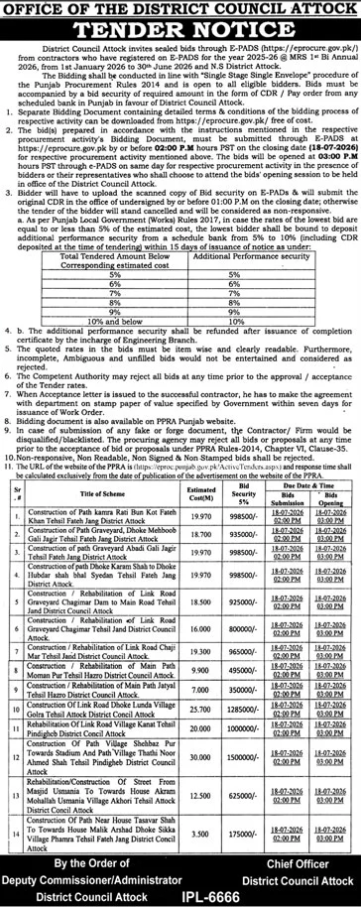 District Council Attock Multiple Civil Works Tenders for Roads and Rehabilitation