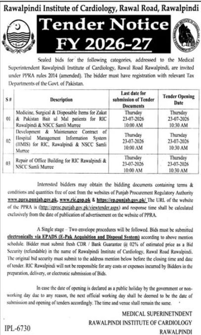 Rawalpindi Institute of Cardiology Tender Notice FY 2026-27 for Medicines HMIS Contract and Building Repair