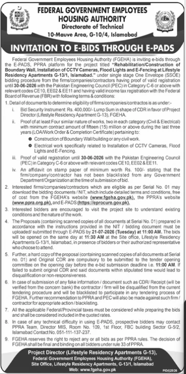 FGEHA Invitation to E-Bids for Construction of Boundary Wall Installation of CCTV Cameras Flood Lights and E-Fencing