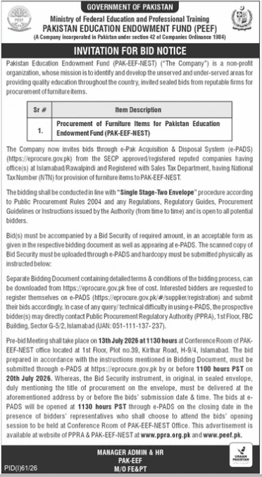 Pakistan Education Endowment Fund Invitation for Bid for Procurement of Furniture Items